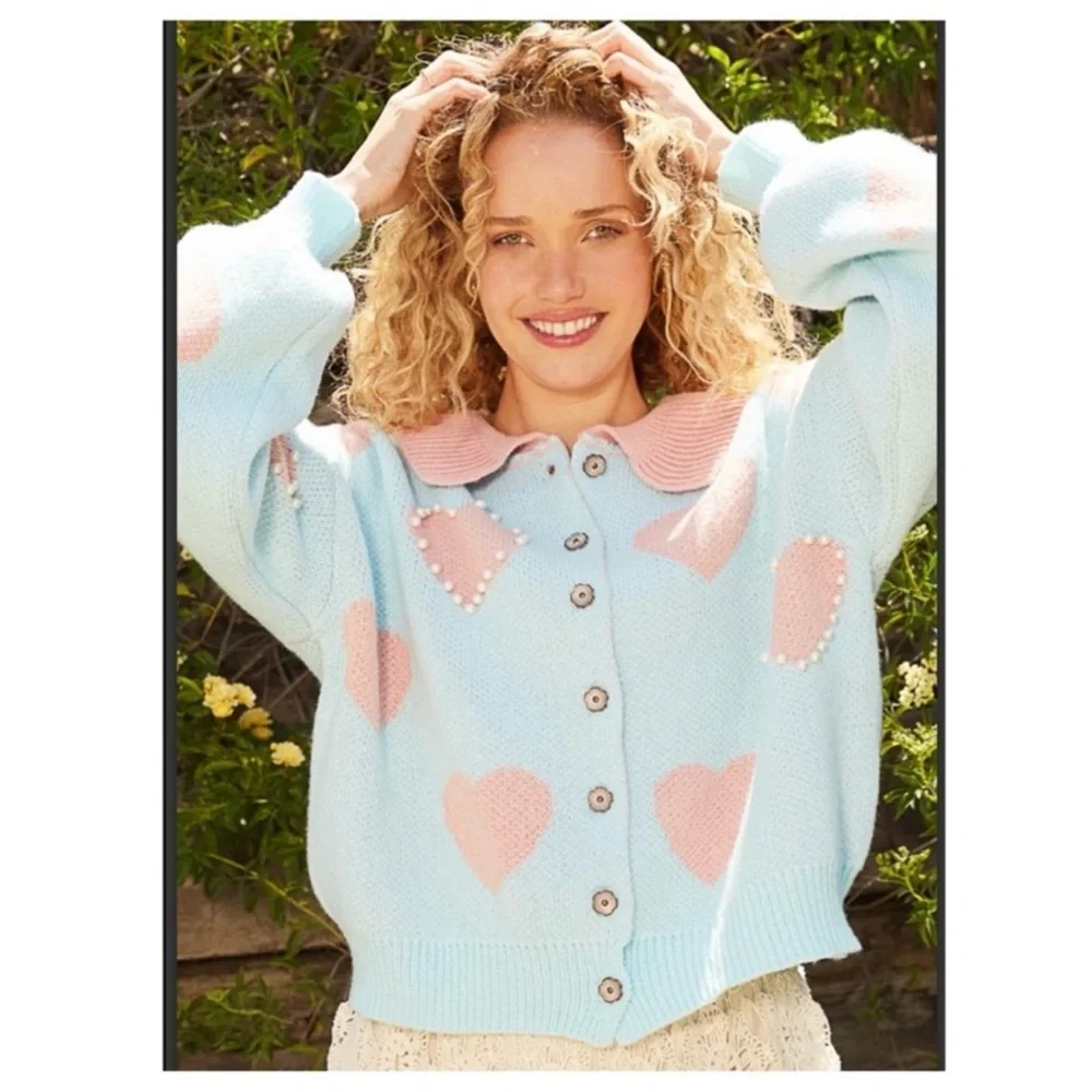 POL Heart pattern with faux pearl cardigan sweater - Picture 2 of 7